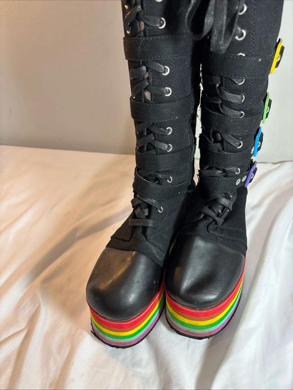Black Lace-Up Platform Boots with Rainbow Sole